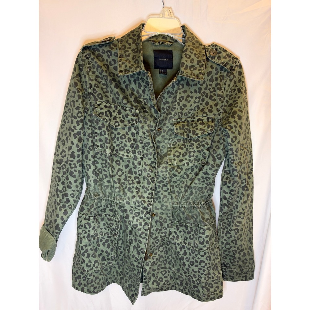Forever 21 Olive Green Leopard Print Utility Jacket Women Small Cotton Safari